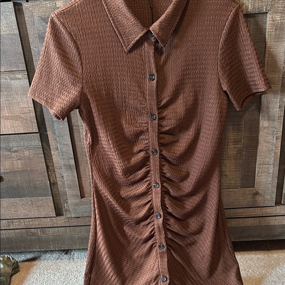Brown Ruched Button-Up Dress